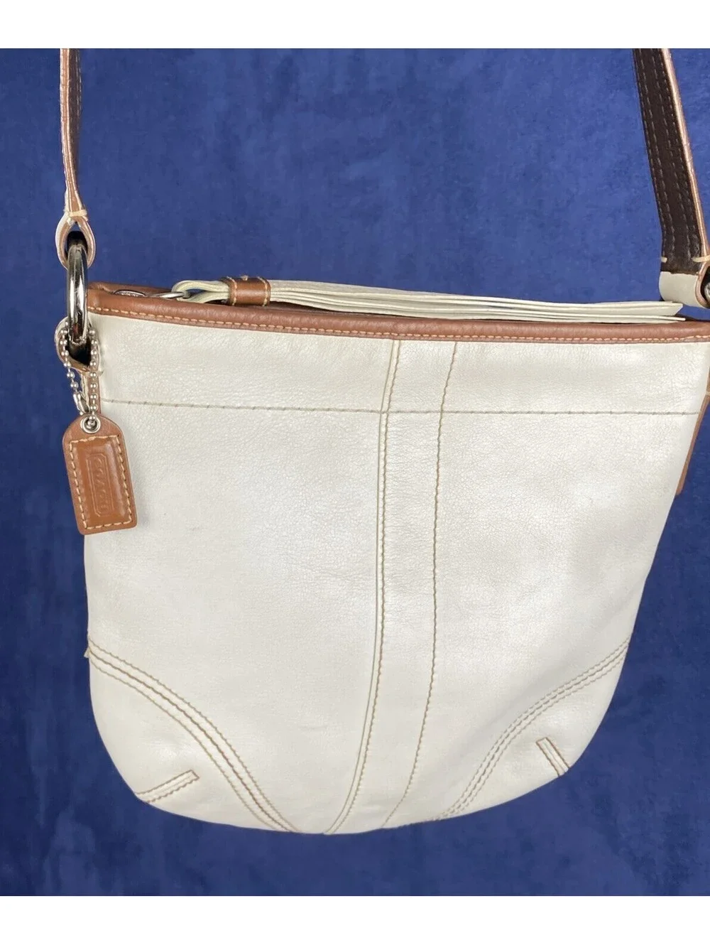 Vg Coach White Crossbody Bucket Purse Brown Trim  Boho